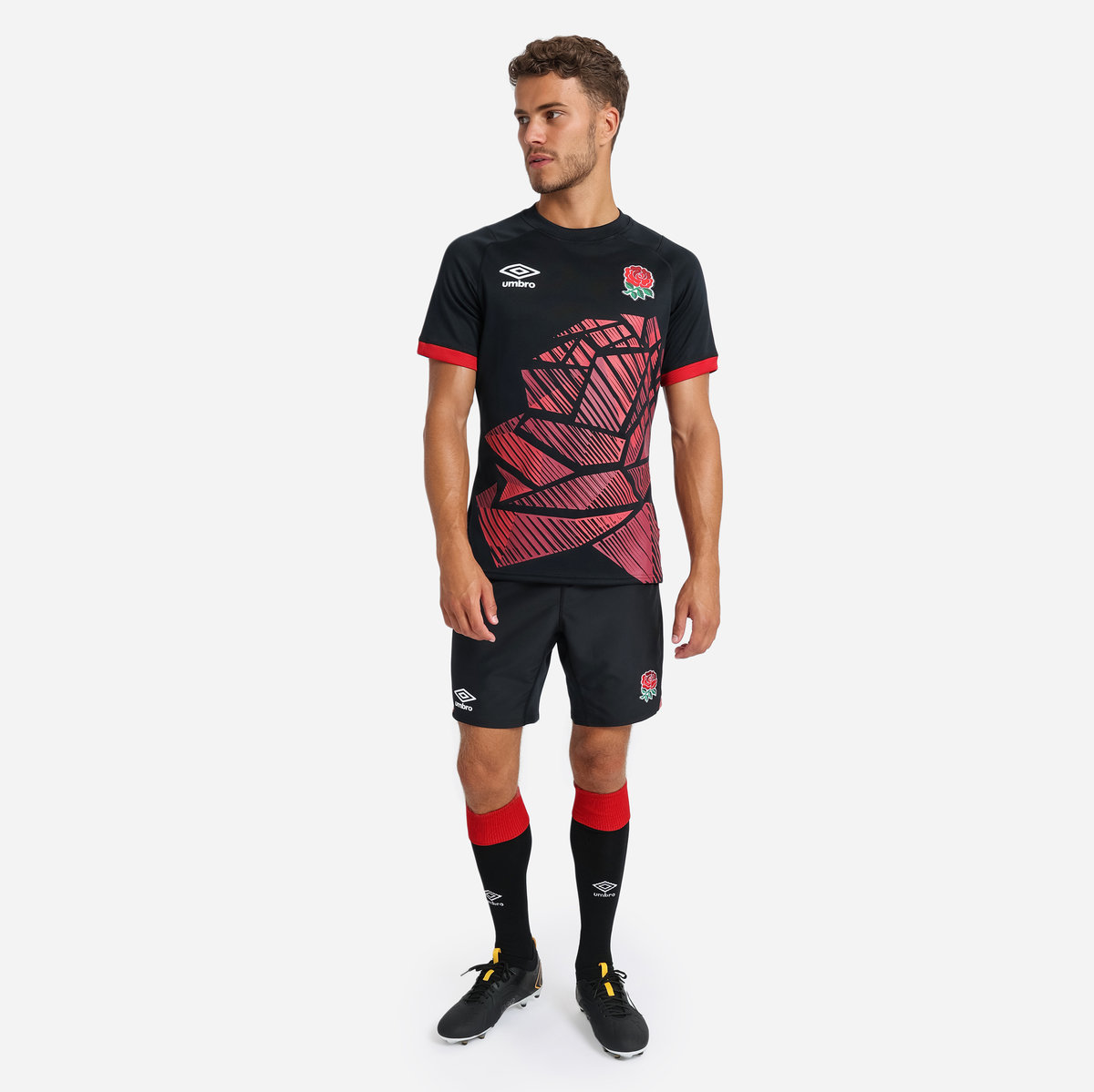 Black / Red Umbro Teamwear - Umbro England Rugby Football 22/23 7S Alternate Replica Jersey Shorts | CA-05996