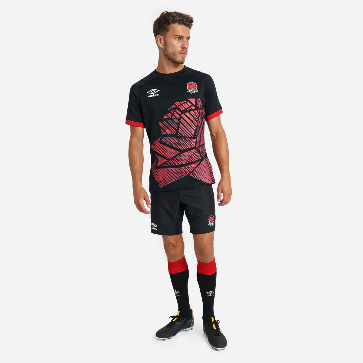 Black / Red Umbro Teamwear - Umbro England Rugby Football 22/23 7S Alternate Replica Short Shorts | CA-59992