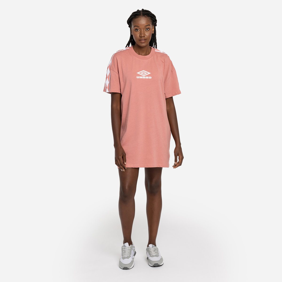 Rose / White Women's Umbro Diamond Taped Oversized Tee Dress T Shirts | CA-21193