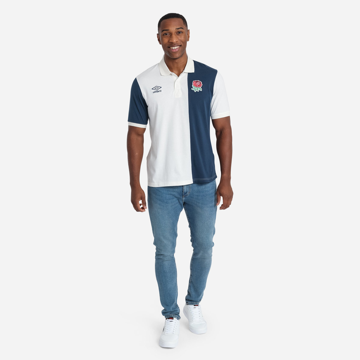 White / Navy Umbro Teamwear - Umbro England Rugby Football Classic Stripe Polo Polos | CA-56584