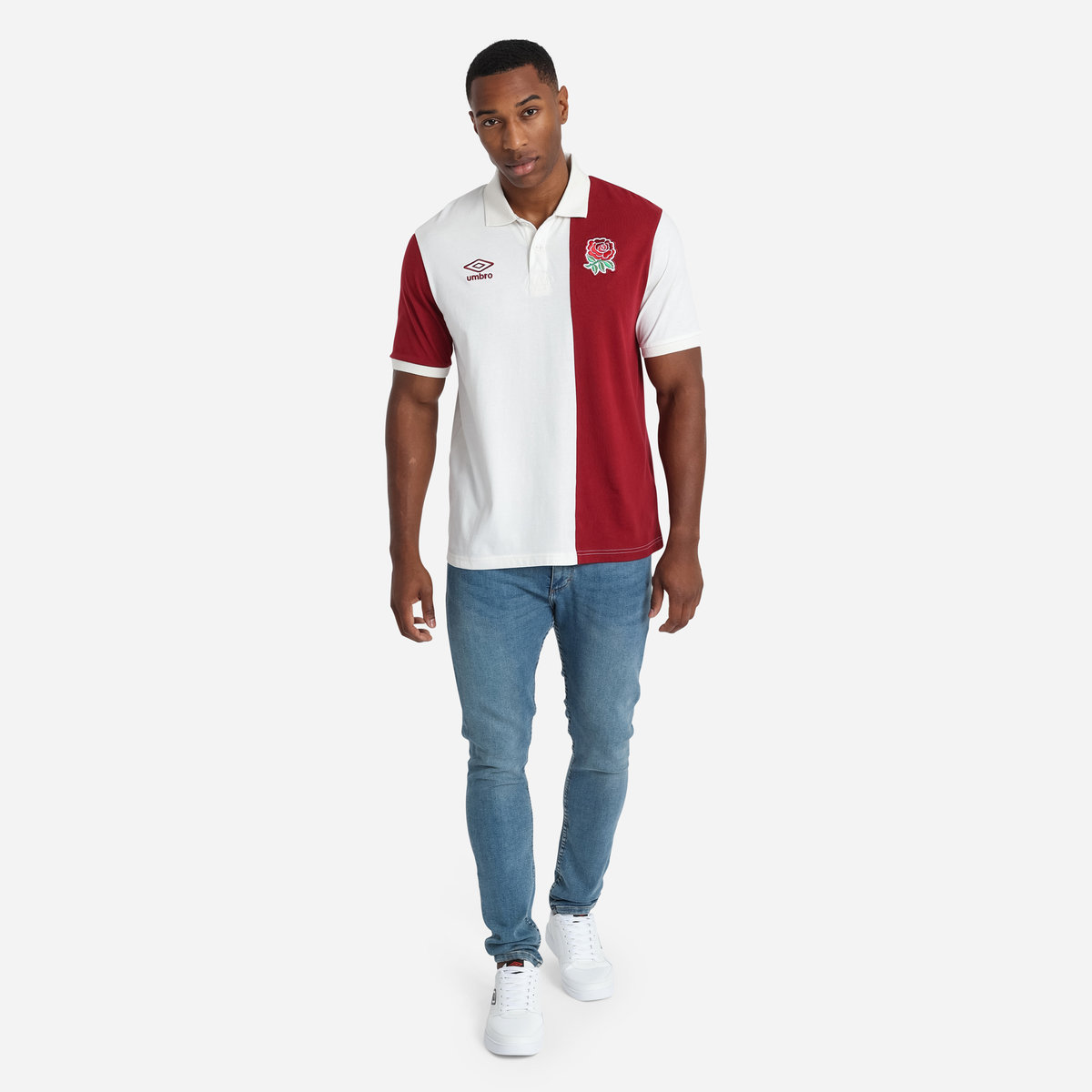 White / Red Umbro Teamwear - Umbro England Rugby Football Classic Stripe Polo Polos | CA-80362