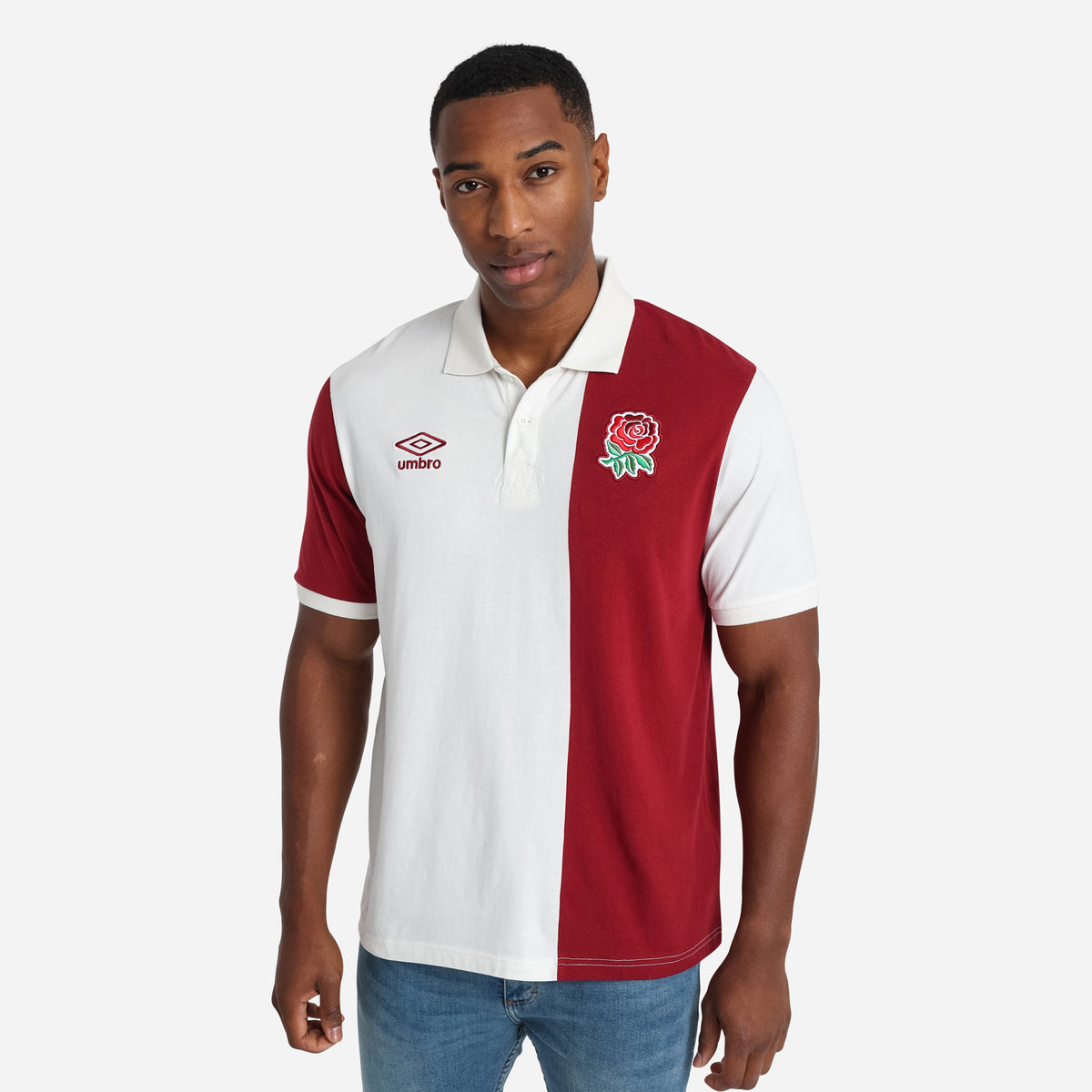 White / Red Umbro Teamwear - Umbro England Rugby Football Classic Stripe Polo Polos | CA-80362